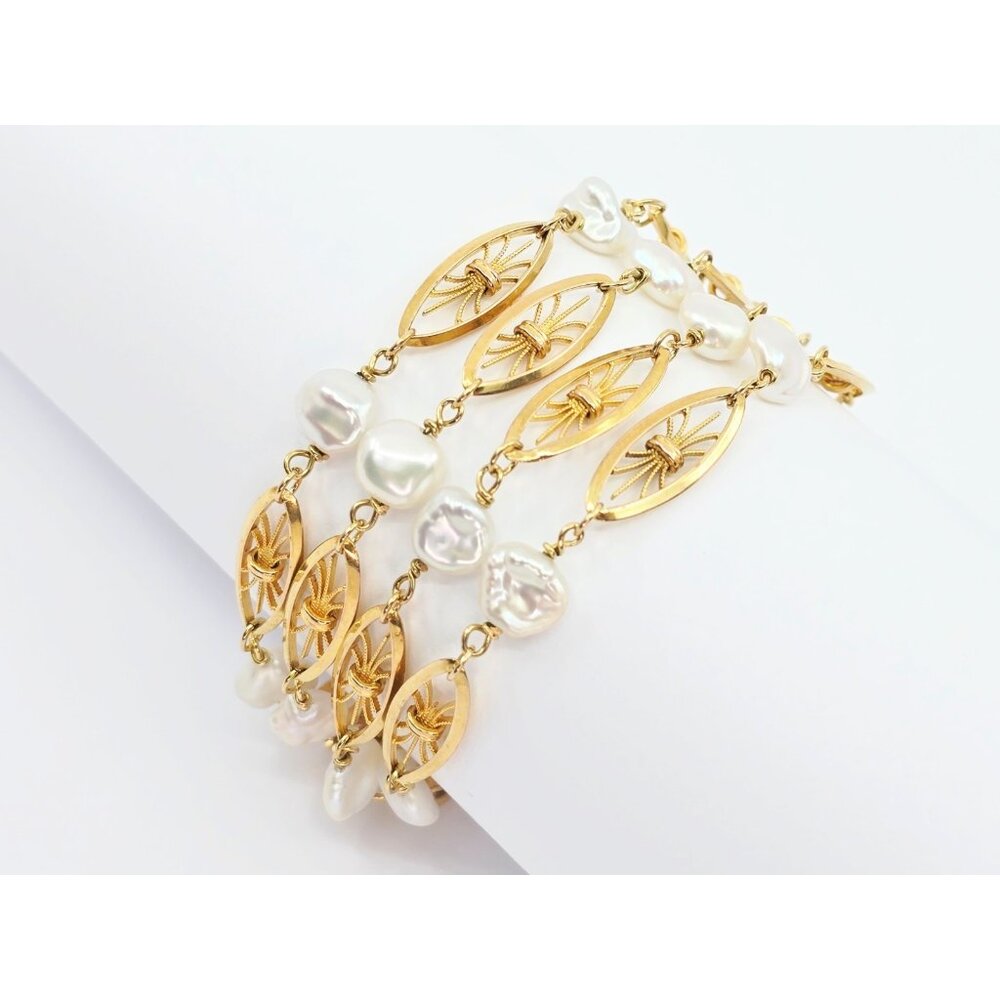 Vintage 18K Yellow Gold Designer Multi Strand Layered Pearl Chain Link Bracelet
